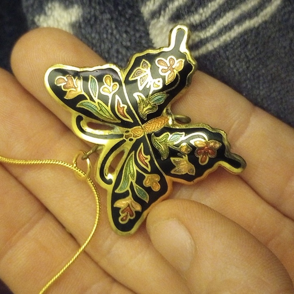 Cloisonne Gold and Black Butterfly Pendant Necklace, 18kGP, EUC - Picture 4 of 4